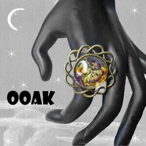 Statement Ring with Dried Flowers, Fun Cottagecore Style One of a Kind OOAK